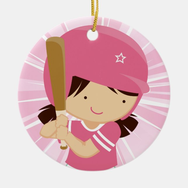 Softball Girl Batter in Pink and White Ceramic Tree Decoration (Front)