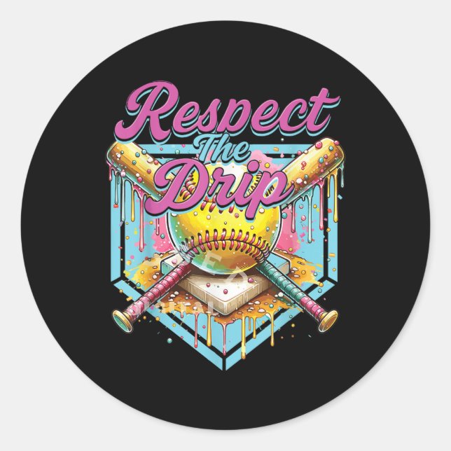 Softball Girl Ice Cream Softball Drip Youth Respec Classic Round Sticker (Front)