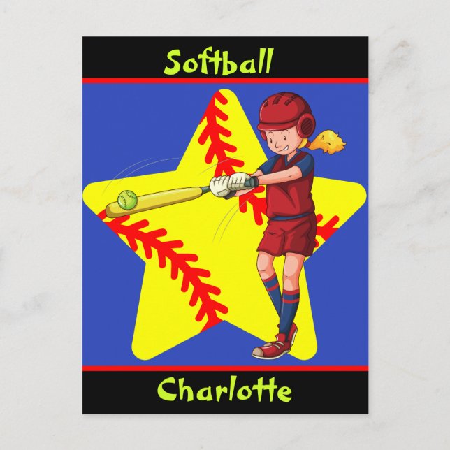  Softball Girls Star Batter Swing Personalised    Postcard (Front)