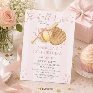 Softball Girly Pink Bow Coquette Birthday Invitation