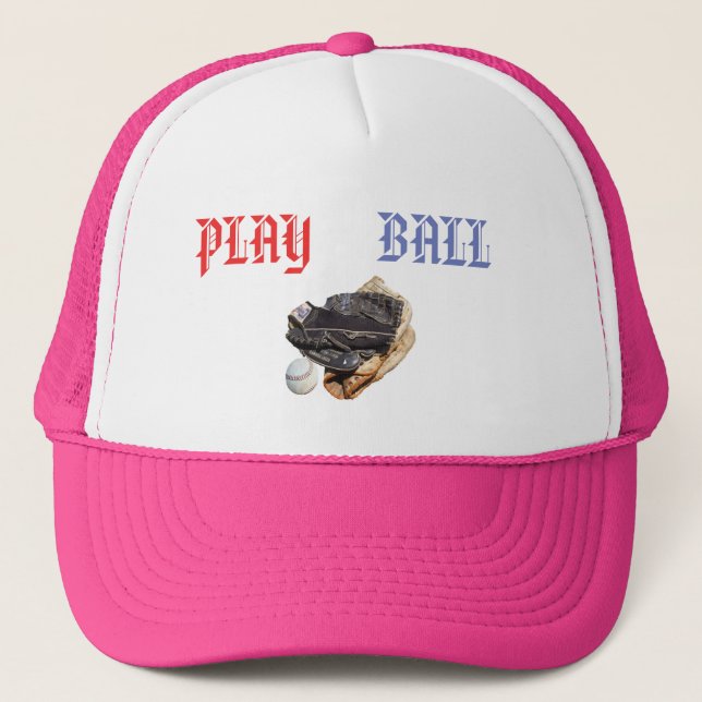 Softball Gloves And Play Ball logo, Trucker Hat (Front)
