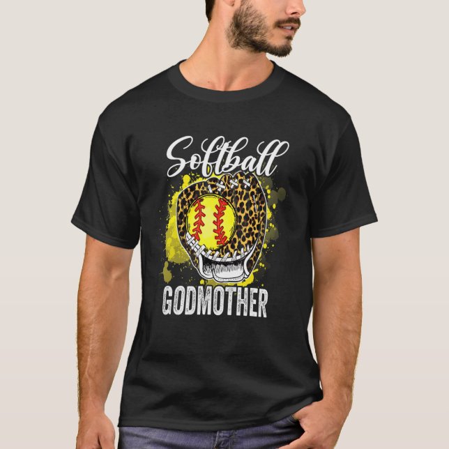 Softball Godmother Leopard Glove Game Day Mothers  T-Shirt (Front)