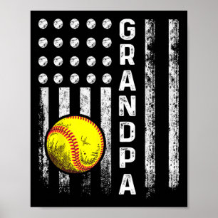 Softball Grandpa American Flag Father's Day 4th Of Poster