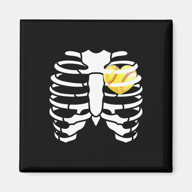 Softball Heart Inside Ribs Skeleton Halloween Cost Magnet (Front)