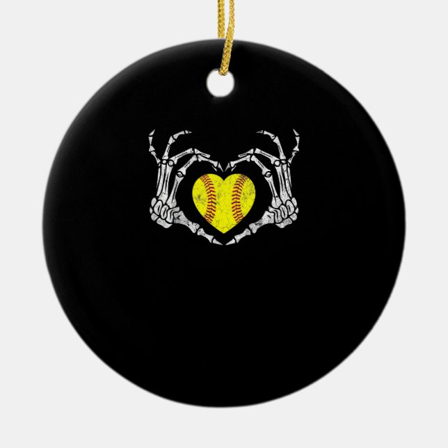Softball Heart Skeleton Hand Halloween Costume Fun Ceramic Tree Decoration (Front)
