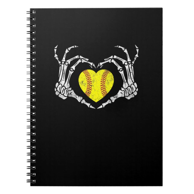 Softball Heart Skeleton Hand Halloween Costume Fun Notebook (Front)