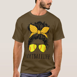 Softball Life Bun Hair Sunglasses Mum Softball Lov T-Shirt