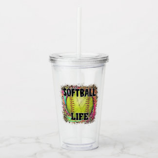 Softball Life Tie Dye Leopard Print Yellow Ball Acrylic Tumbler