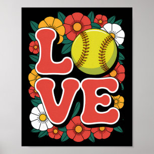 Softball Love Retro Flower Power Sports Poster