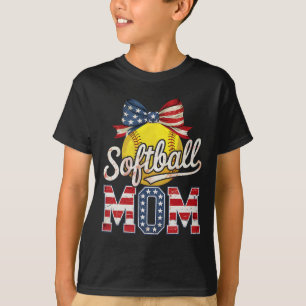 Softball Mom Coquette Bow Softball Usa Flag 4th Of T-Shirt