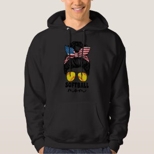Softball Mum American Flag Messy Bun Women Catcher Hoodie