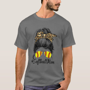 Softball Mum Life With Leopard And Messy Bun Baseb T-Shirt