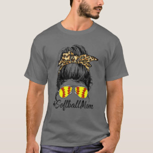 Softball Mum Life With Leopard And Messy Bun Baseb T-Shirt