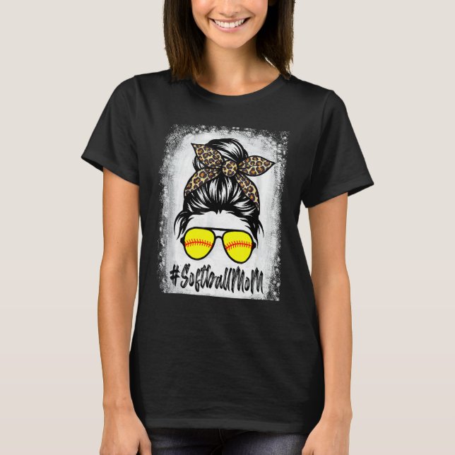 Softball Mum Life With Leopard And Messy Bun Playe T-Shirt (Front)