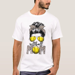 Softball Mum Mother's Day Leopard Messy Bun T-Shirt