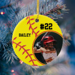 Softball Name Jersey Number Photo Keepsake Ceramic Tree Decoration<br><div class="desc">This design features a softball background with space for a name, number and photo. Click the customise button for more flexibility in adjusting the text! Variations of this design as well as coordinating products are available in our shop, zazzle.com/store/doodlelulu. Contact us if you need this design applied to a specific...</div>
