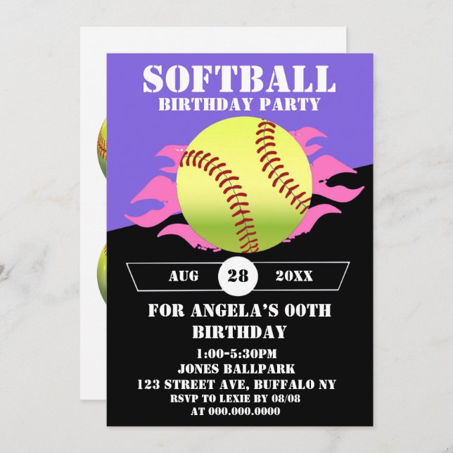 Softball Pink Fire Birthday Party  (Front/Back)