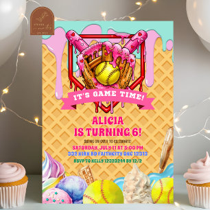 Softball Pink Ice Cream Drip Birthday Party Invitation