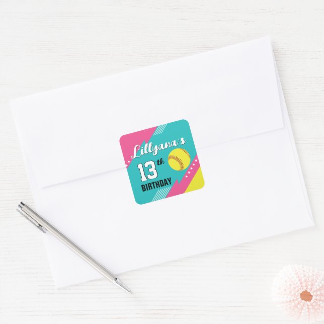 Softball Pink Teal Yellow Birthday Party Envelope Square Sticker (Envelope)