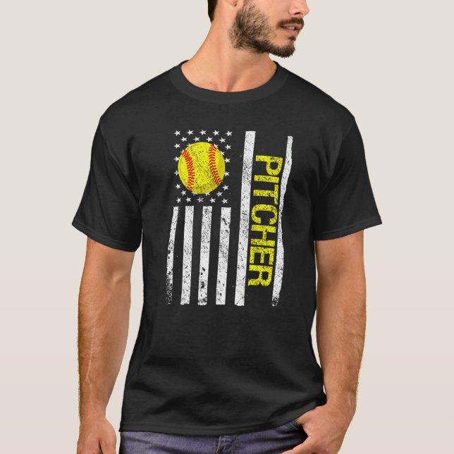 Softball Pitcher American USA Flag T-Shirt (Front)