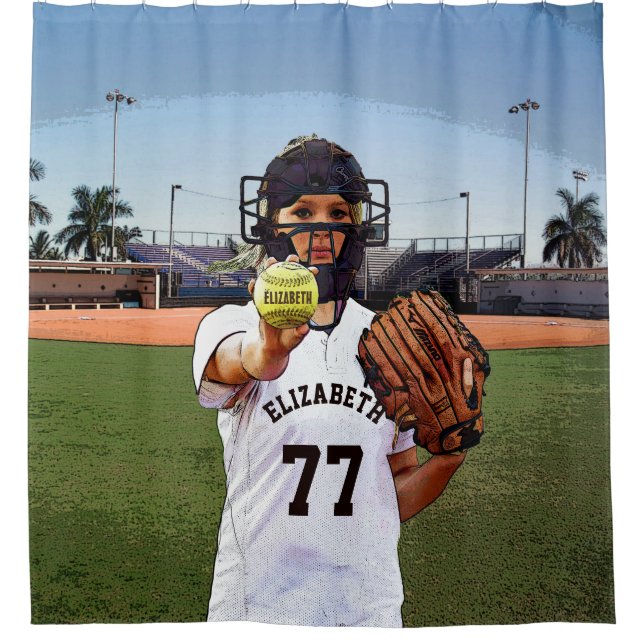 Softball Player Catcher With Your Name And Number Shower Curtain (Front)