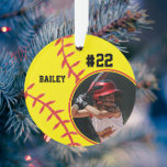 Softball Player Name Number Photo Keepsake Ornament<br><div class="desc">This design features a softball background with space for a name, number and photo. Click the customise button for more flexibility in adjusting the text! Variations of this design as well as coordinating products are available in our shop, zazzle.com/store/doodlelulu. Contact us if you need this design applied to a specific...</div>