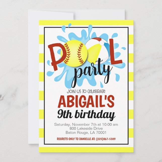 Softball Pool Party Birthday Invitation (Front)