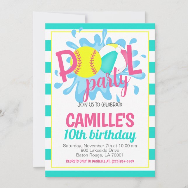 Softball Pool Party Birthday Invitation (Front)