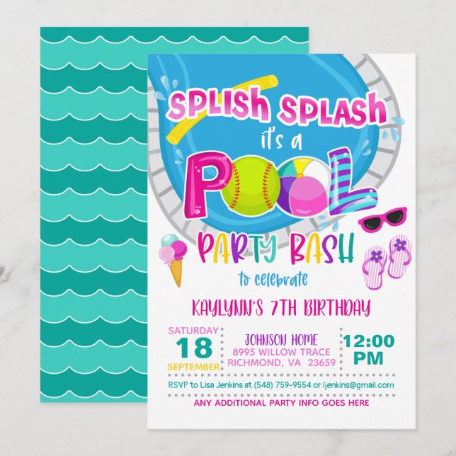 Softball Pool Party Birthday Invitation - Girl (Front/Back)