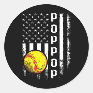 Softball Poppop America Flag Men Women Vintage Chr Classic Round Sticker