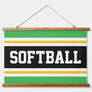 SOFTBALL Sporty Green Black Yellow White Stripes  Hanging Tapestry