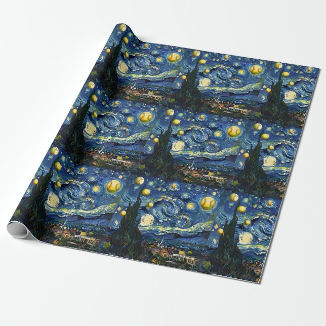 Softball Starry Night Wrapping Paper (Unrolled)
