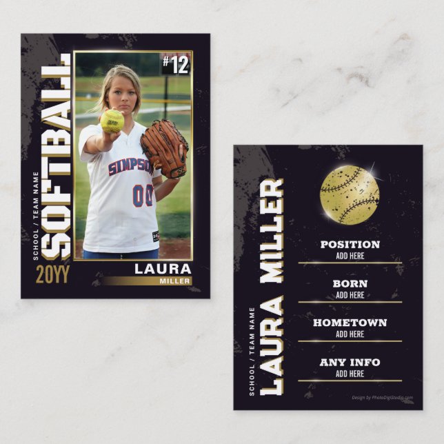 Softball Trading Card Gold Baseball Player Card (Front/Back)