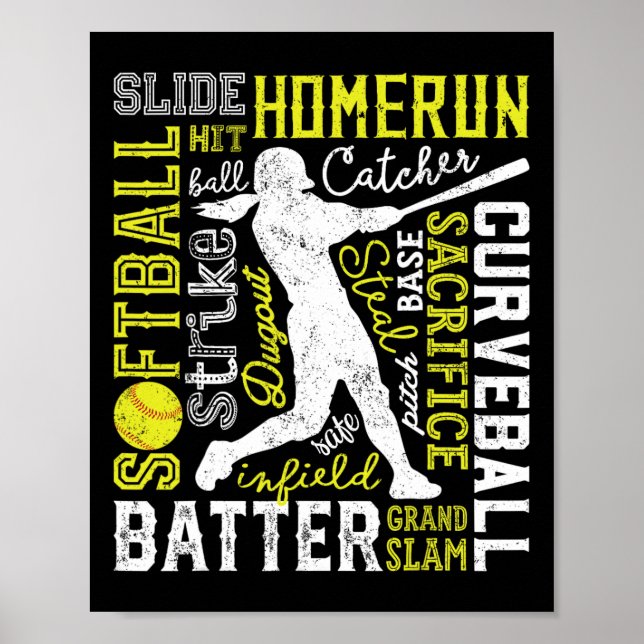 Softball Typography Word Art Funny Batter Pitcher  Poster (Front)