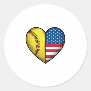 Softball USA Flag Heart Vintage Vector Design_1 Classic Round Sticker