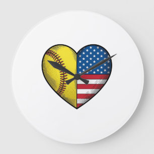 Softball USA Flag Heart Vintage Vector Design_1 Large Clock