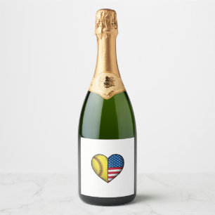 Softball USA Flag Heart Vintage Vector Design_1 Sparkling Wine Label