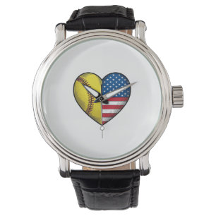 Softball USA Flag Heart Vintage Vector Design_1 Watch