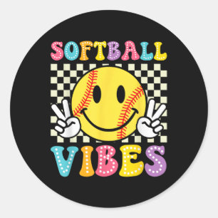 Softball Vibes Softball Retro Groovy Game Day Girl Classic Round Sticker