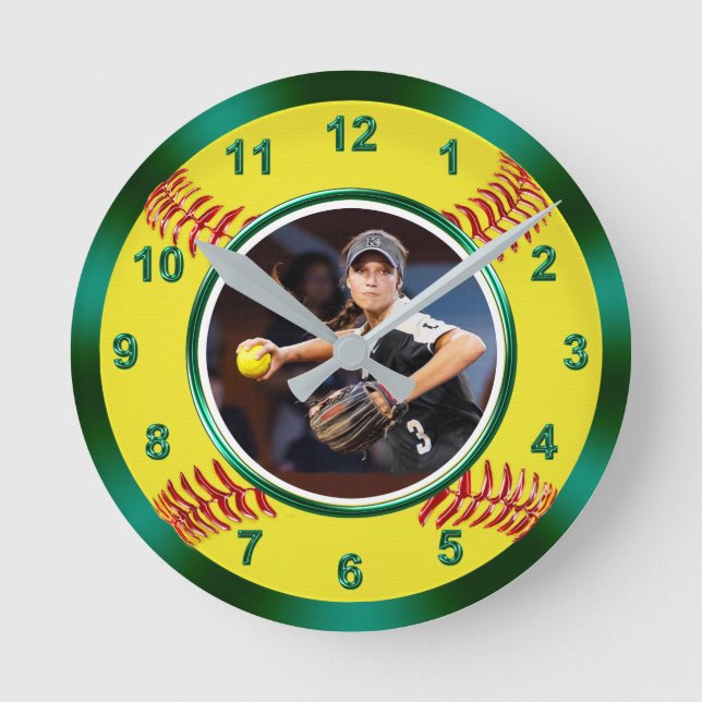 Softball Wall Decor with Player's PHOTO, Green Round Clock (Front)