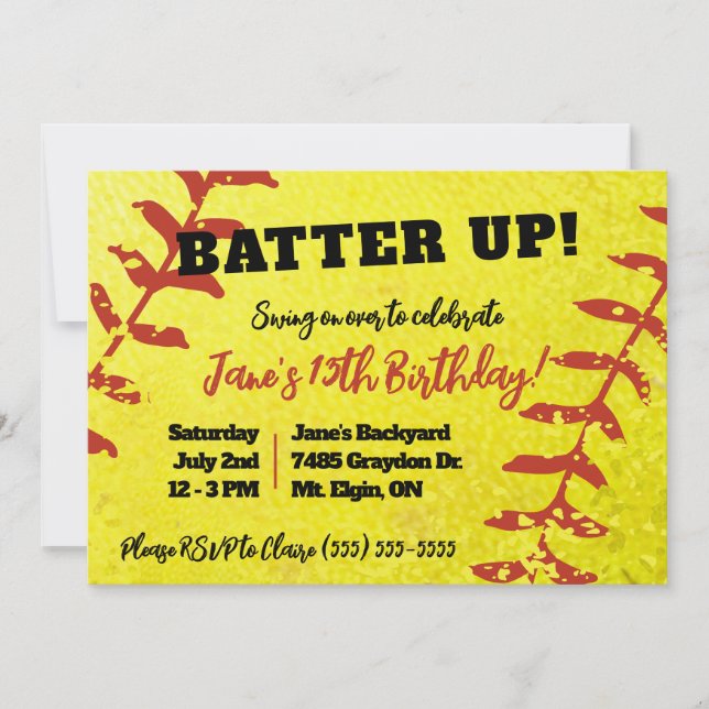 Softball, Yellow and Red Kids' Birthday Party Invitation (Front)