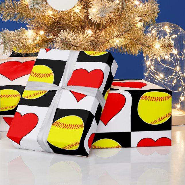 Softballs & Hearts Cute Chequered Pattern Fastpitc Wrapping Paper (Holidays)