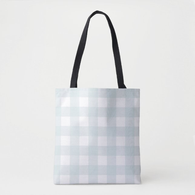 Softest Powder Light Blue Gingham Check Plaid Tote Bag (Front)