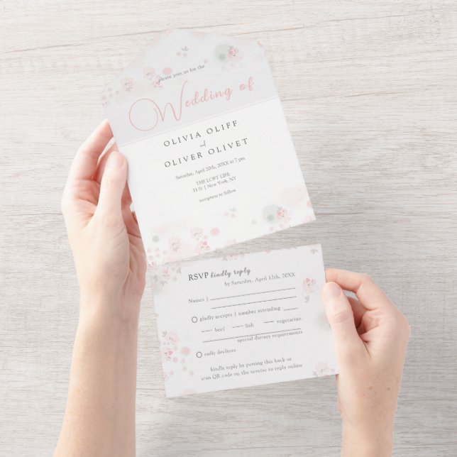Softness Tea Roses Wedding All In One Invitation (Tearaway)