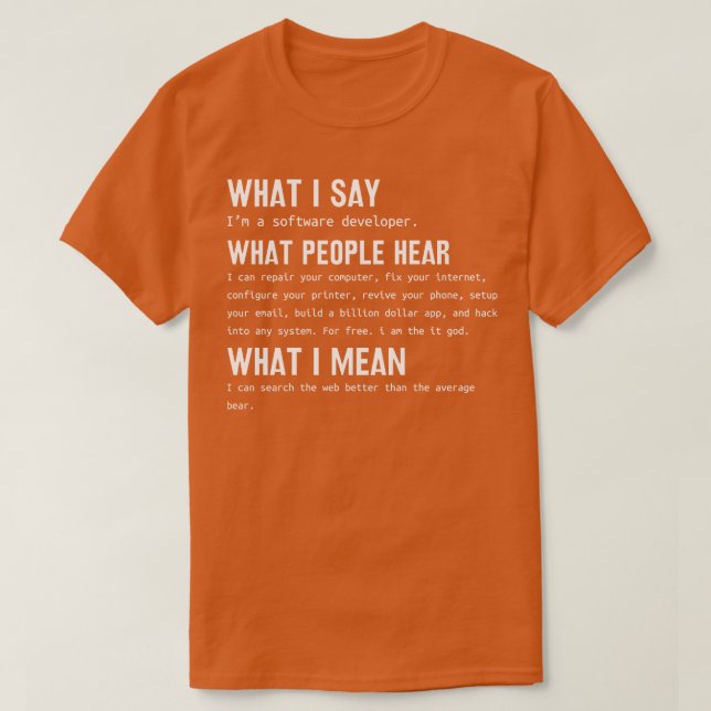 Software Developer What i say What people hear Wha T-Shirt (Design Front)