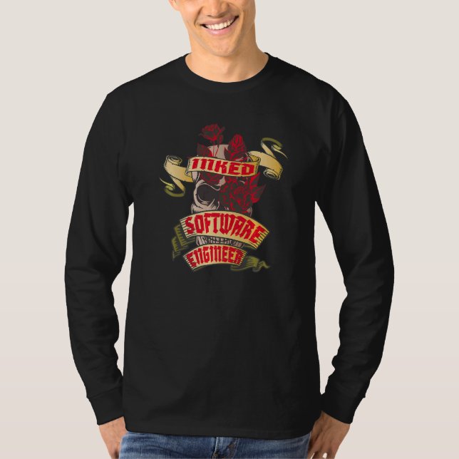 Software Engineer Inked Skull & Red Roses Tattoo T-Shirt (Front)