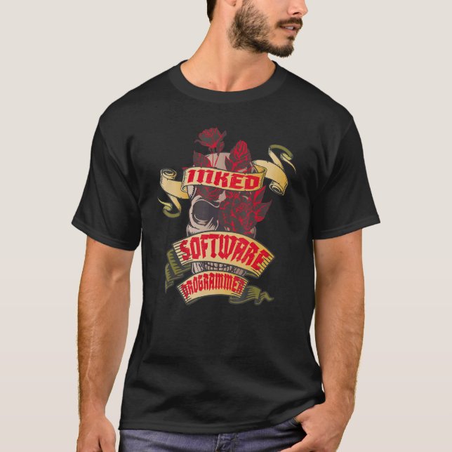 Software Programmer Inked Skull & Red Roses Tattoo T-Shirt (Front)