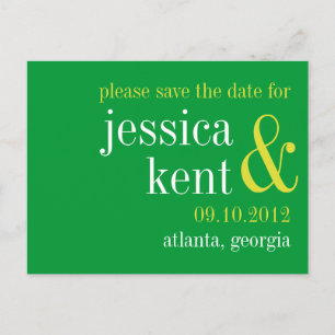 Soild green typography modern couple save the date announcement postcard