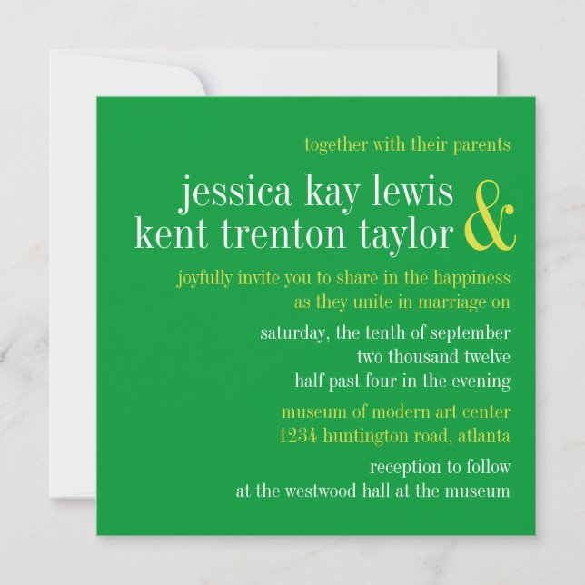 Soild green typography modern couple wedding invitation (Front)