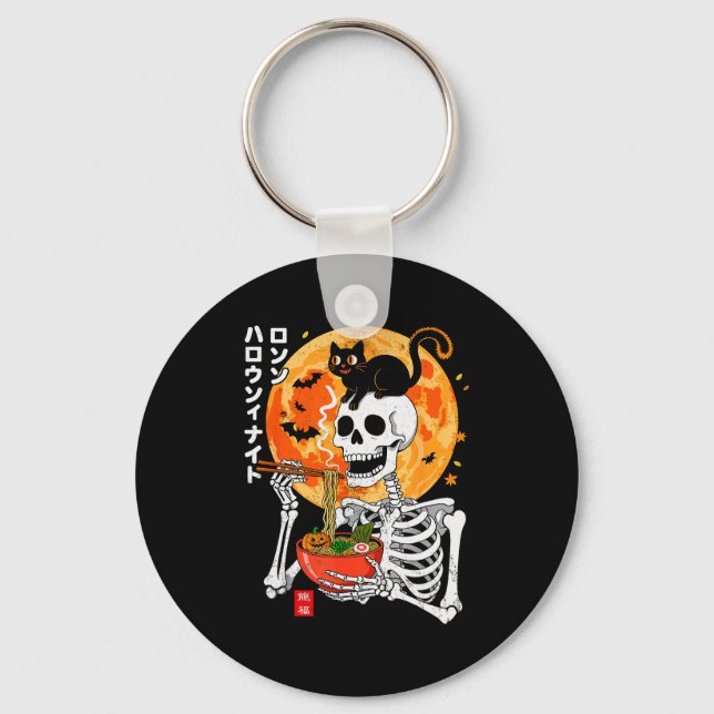 Soky Skeleton Eating Ramen Bowl With Cat Halloween Key Ring (Front)